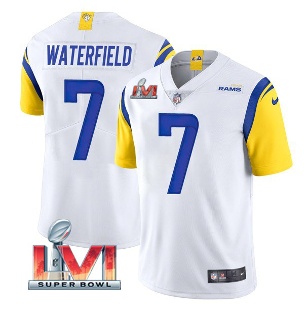 Men's Los Angeles Rams #7 Bob Waterfield 2022 White Super Bowl LVI Vapor Limited Stitched Jersey Men's Los Angeles Rams #7 Bob Waterfield 2022 White Super Bowl LVI Vapor Limited Stitched Jersey